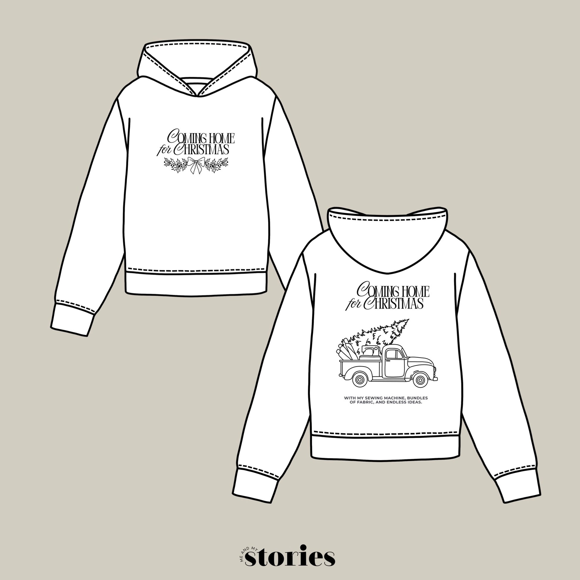 Weihnachtliche Plotterdatei Coming Home for Christmas – Truck mit Nähmaschine und Stoffrollen im Line Art Stil. Perfekt für weihnachtliche Sweater, Hoodies & DIY-Projekte für Nähliebhaber.“