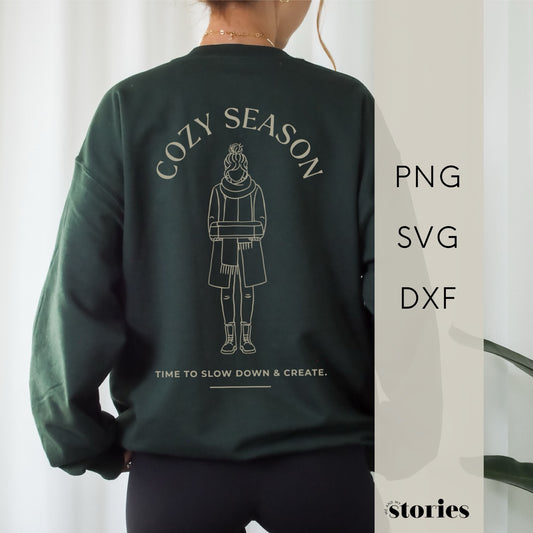 Plotterdatei Cozy Season – Line Art Illustration einer Frau mit Plotter. Minimalistisches DIY Statement Design für Shirts, Hoodies & kreative Geschenkideen.