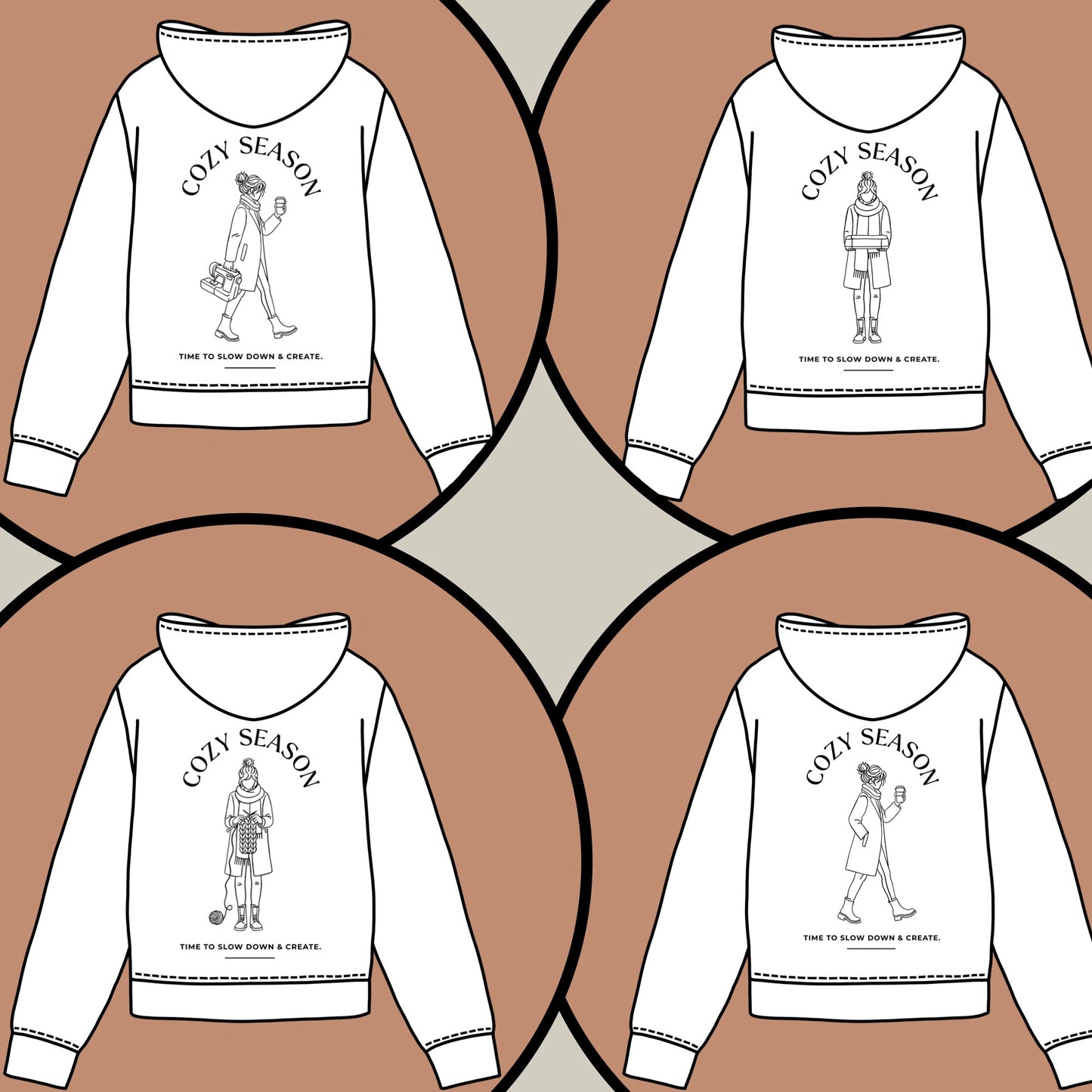 Cozy Season Plotterdatei Set – 4 Line Art Designs mit Nähmaschine, Plotter, Stricken & Kaffee. DIY Bundle für Shirts, Hoodies & kreative Geschenke.