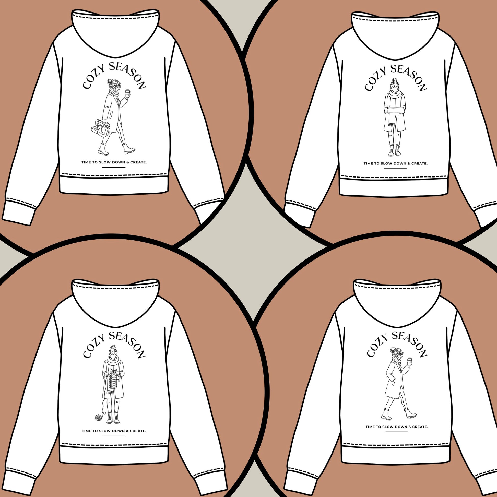 Cozy Season Plotterdatei Set – 4 Line Art Designs mit Nähmaschine, Plotter, Stricken & Kaffee. DIY Bundle für Shirts, Hoodies & kreative Geschenke.