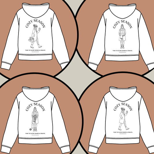 Cozy Season Plotterdatei Set – 4 Line Art Designs mit Nähmaschine, Plotter, Stricken & Kaffee. DIY Bundle für Shirts, Hoodies & kreative Geschenke.