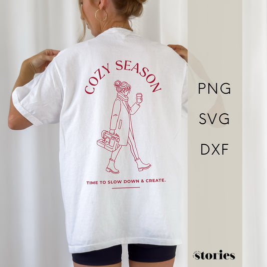 Plotterdatei Cozy Season – Line Art Illustration einer Frau mit Kaffee. Minimalistisches Statement Design zum Selbermachen, ideal für Shirts, Hoodies & kreative DIY-Geschenke.“