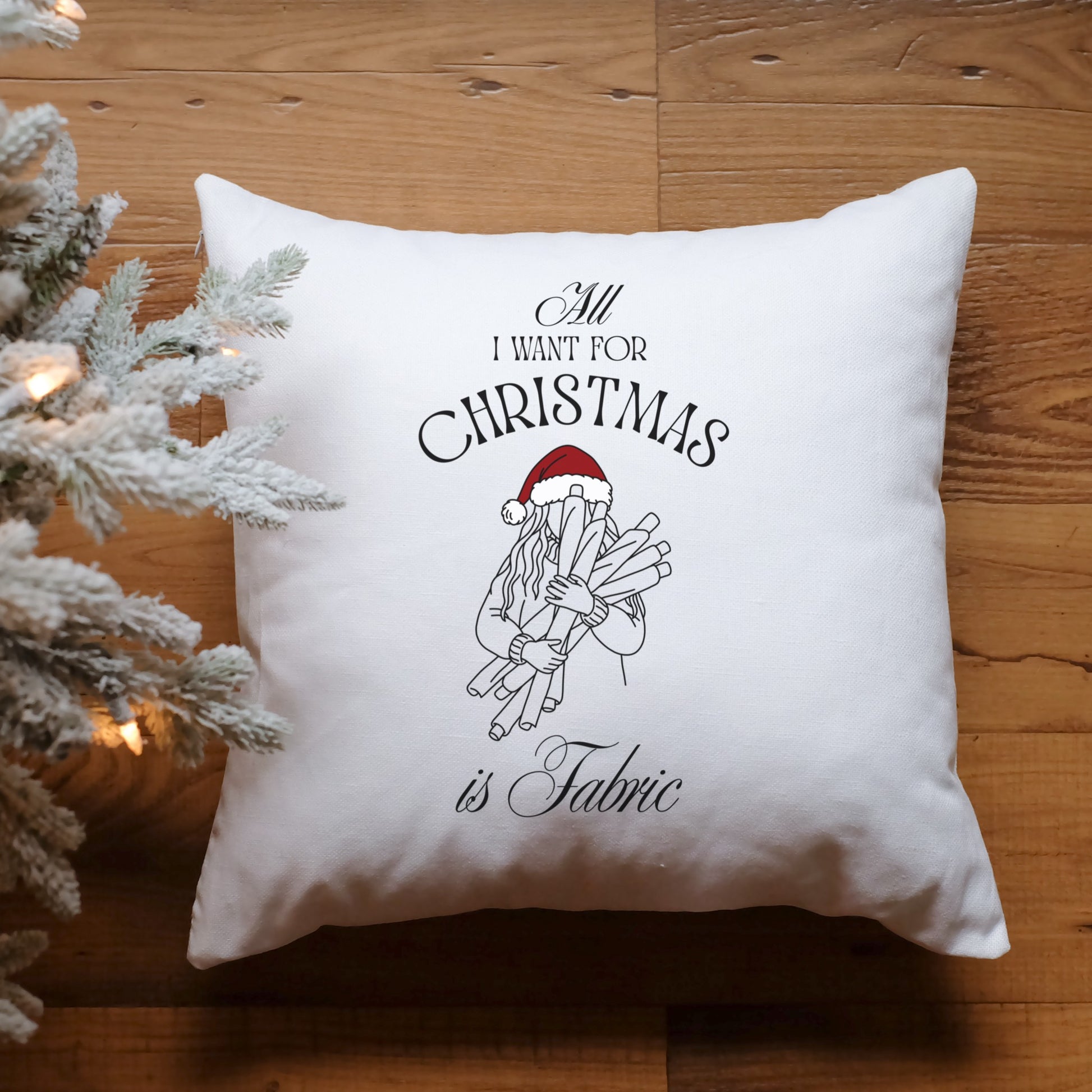 Plotterdatei im Line Art Stil für Nähfans – Frau mit Stoffrollen, festliches Weihnachtsmotiv All I want for Christmas is Fabric für Shirts, Sweater und Deko.