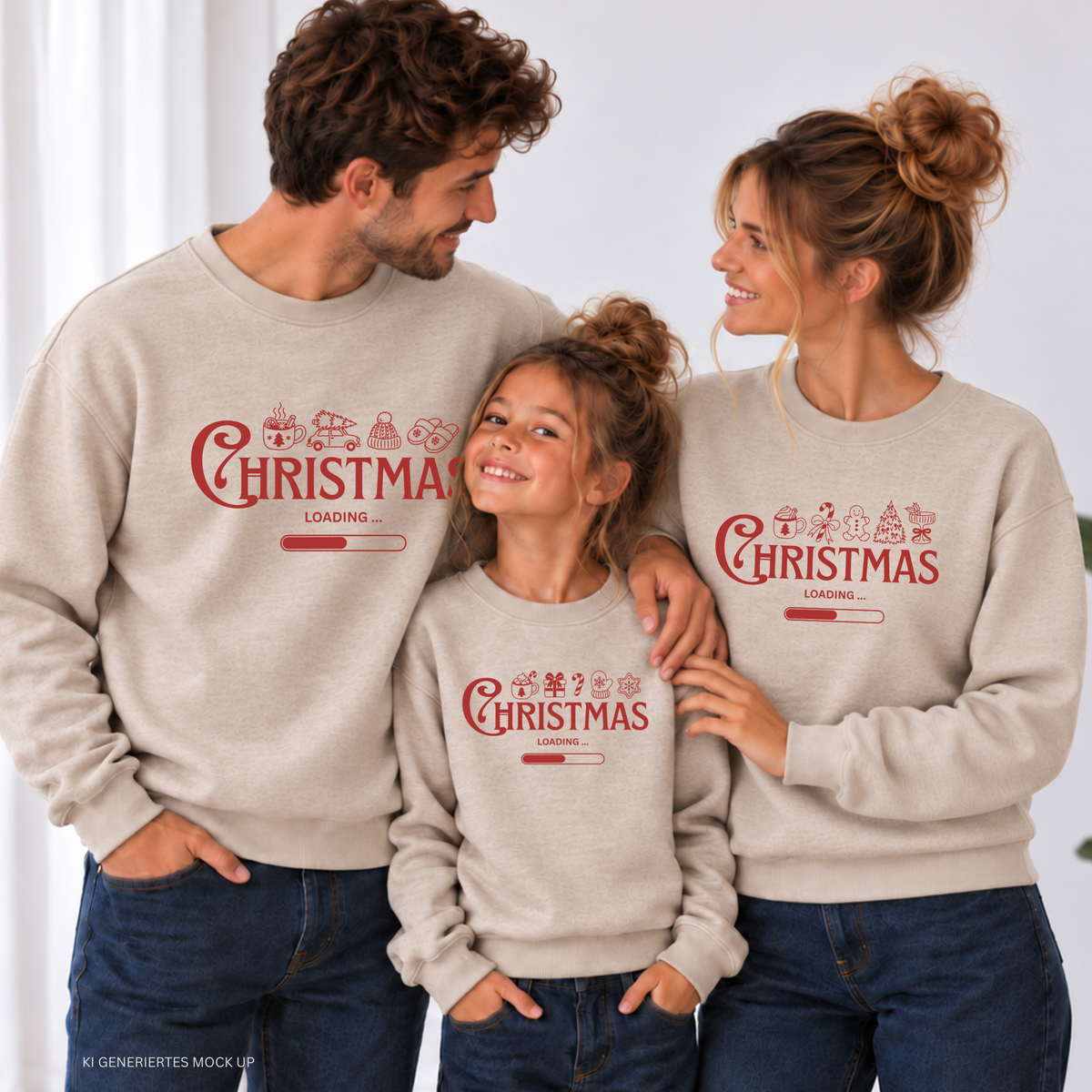 Matching Family Christmas Sweater mit Christmas Loading Plotterdatei – drei weinrote Weihnachtspullover für Mama, Papa und Kind mit individuellen Weihnachtssymbolen.