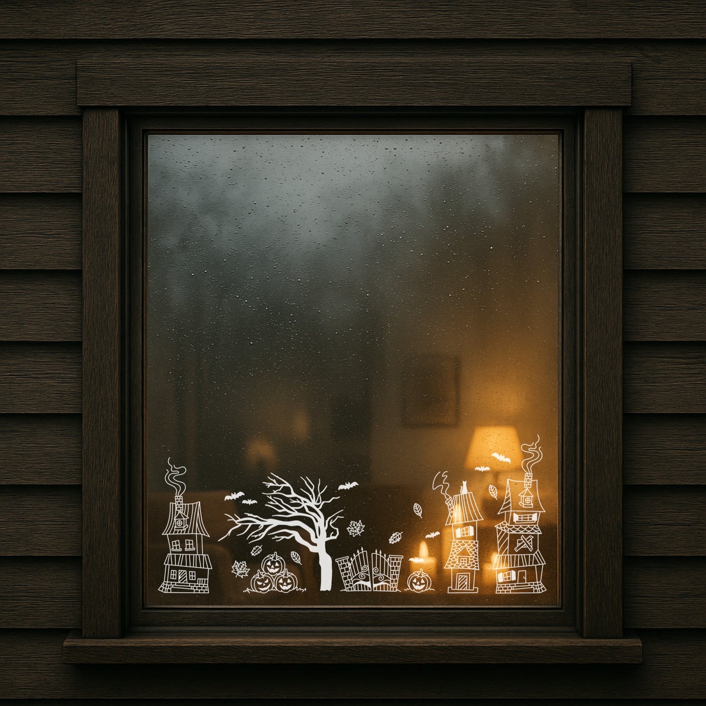Halloween Town – Halloween Design mit gruseligen Häuschen, Kürbissen und knorrigen Bäumen. Ideal für Fensterbilder, Kissenbezüge und Halloween-Dekorationen.
