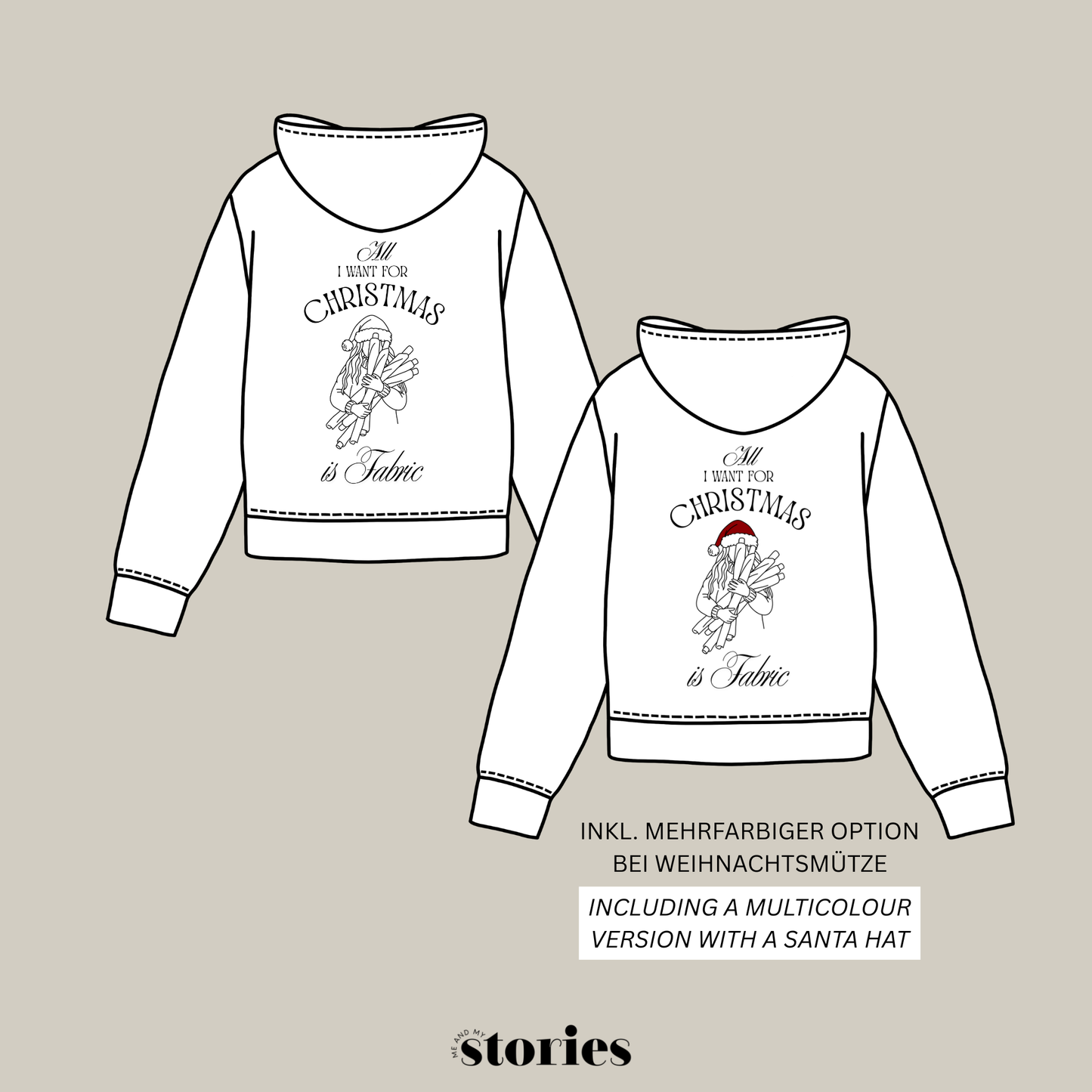Plotterdatei im Line Art Stil für Nähfans – Frau mit Stoffrollen, festliches Weihnachtsmotiv All I want for Christmas is Fabric für Shirts, Sweater und Deko.