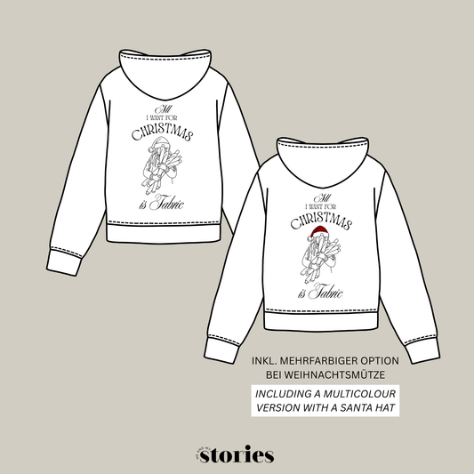 Plotterdatei im Line Art Stil für Nähfans – Frau mit Stoffrollen, festliches Weihnachtsmotiv All I want for Christmas is Fabric für Shirts, Sweater und Deko.