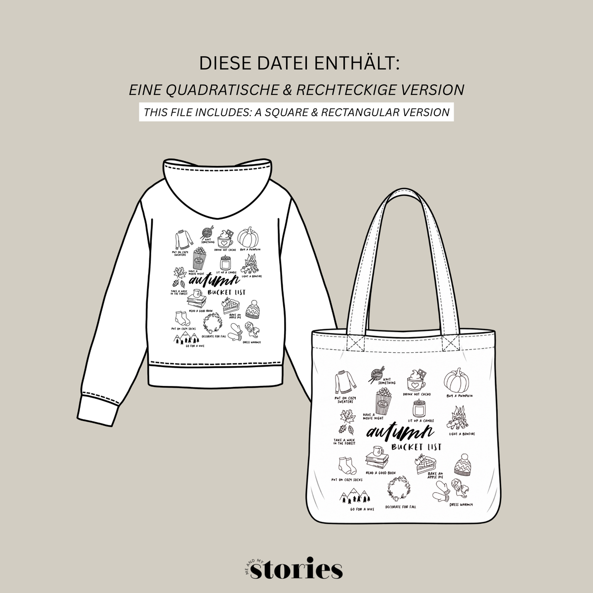 „Autumn Bucket List“ – Herbstliches Line Art Design mit Symbolen wie Kürbis, Pullover, Wolle und Kerze. Ideal für Kissen, Hoodies und herbstliche Accessoires.
