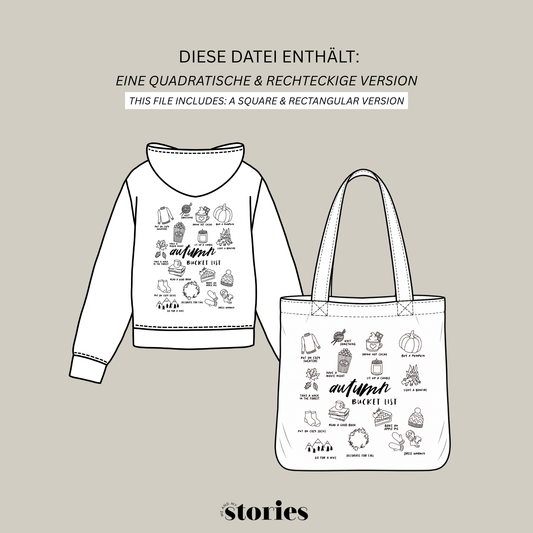 „Autumn Bucket List“ – Herbstliches Line Art Design mit Symbolen wie Kürbis, Pullover, Wolle und Kerze. Ideal für Kissen, Hoodies und herbstliche Accessoires.