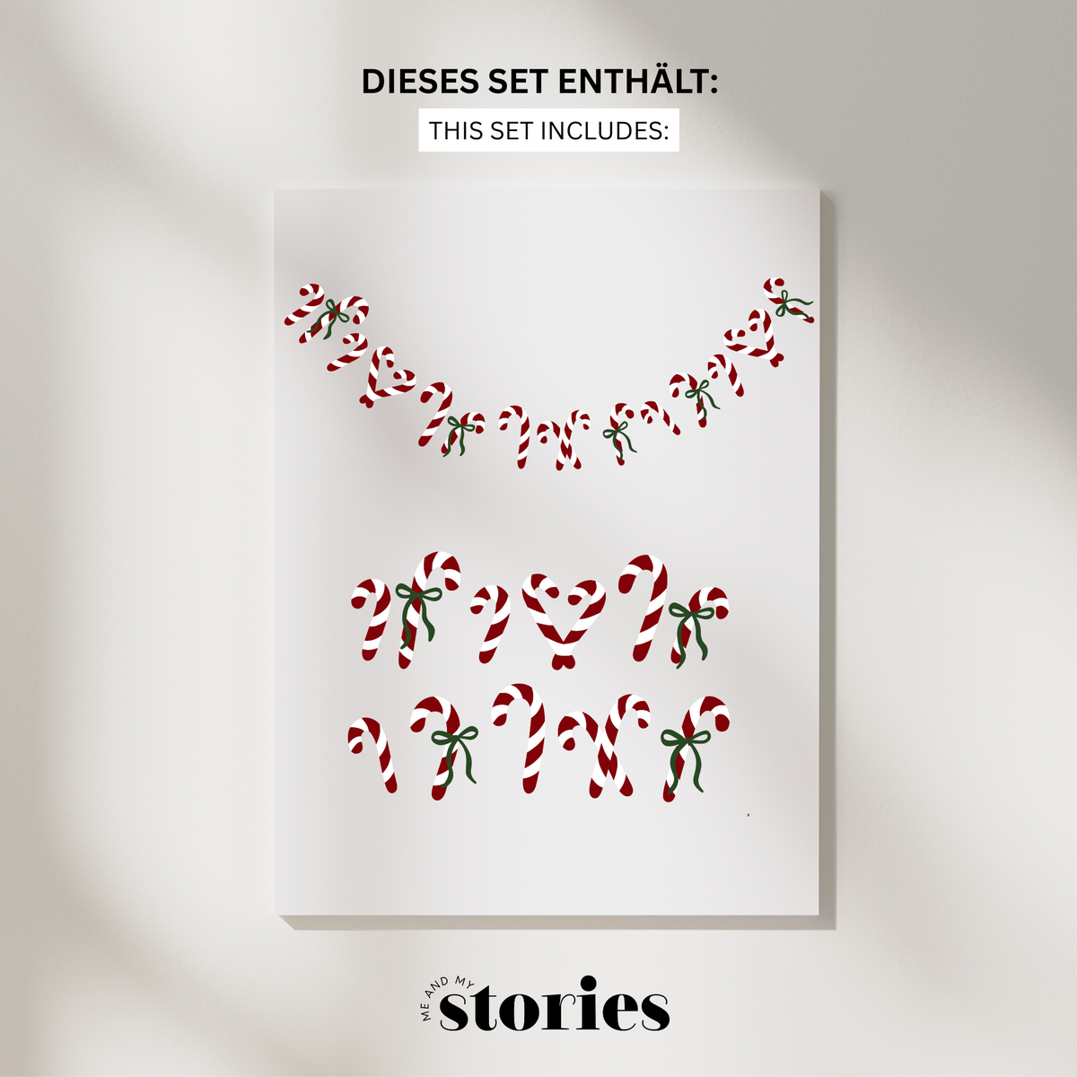 Candy Canes Plotterdatei mit rot-weißen Zuckerstangen und grünen Schleifen, gebogen entlang des Halsbündchens eines Christmas Sweatshirts.