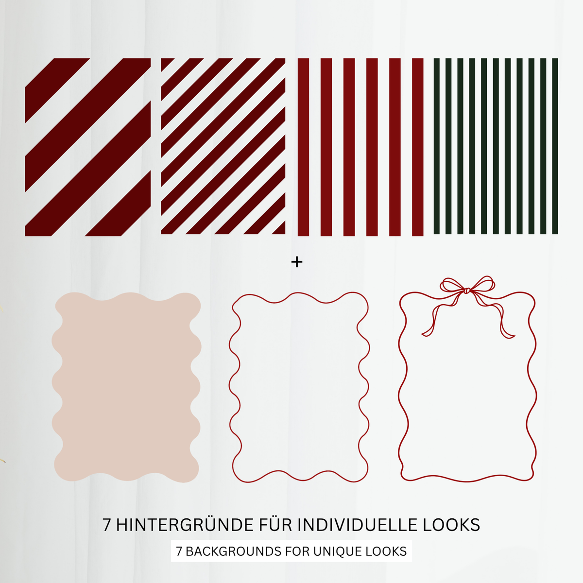Christmas Backgrounds SVG Plotterdatei mit 7 weihnachtlichen Hintergründen, Streifenmustern und gewellten Rahmen für mehrfarbige DIY Projekte.