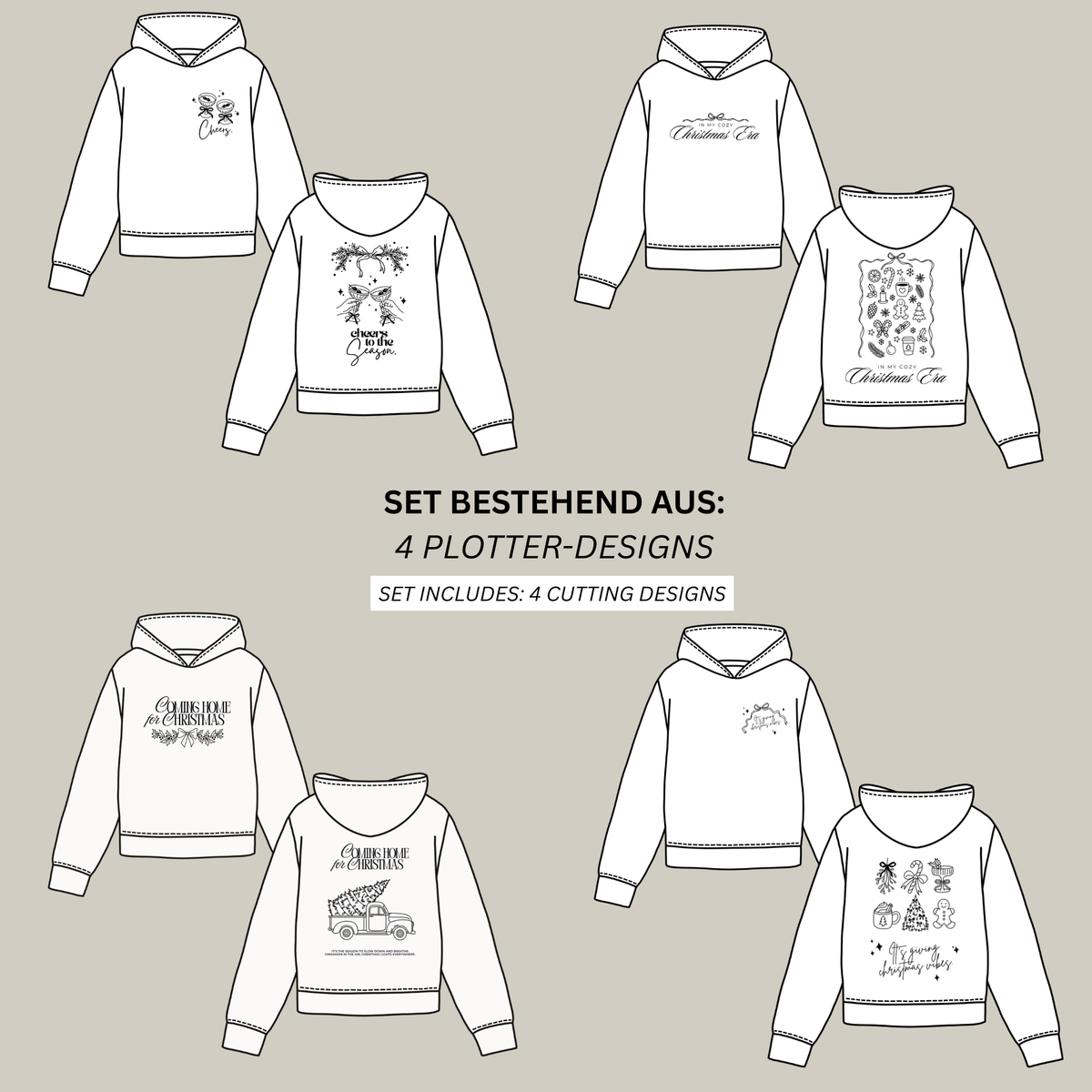 Christmas Bestseller Bundle mit vier weihnachtlichen Plotterdateien für Sweater und Hoodies: It's Giving Christmas Vibes, Cheers to the Season, Coming Home for Christmas und In My Cozy Christmas Era.