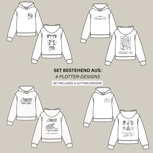 Christmas Bestseller Bundle mit vier weihnachtlichen Plotterdateien für Sweater und Hoodies: It's Giving Christmas Vibes, Cheers to the Season, Coming Home for Christmas und In My Cozy Christmas Era.