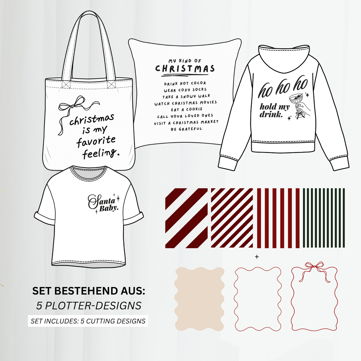 Christmas Mix & Match Bundle mit 5 weihnachtlichen Plotterdateien, 7 kombinierbaren Streifen- und Hintergrunddesigns sowie 4 passenden Weihnachtsmotiven für Sweater, Stoffbeutel und DIY-Weihnachtsdeko.