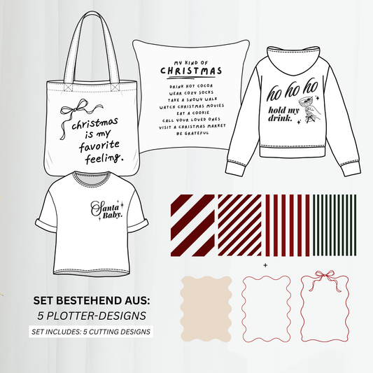 Christmas Mix & Match Bundle mit 5 weihnachtlichen Plotterdateien, 7 kombinierbaren Streifen- und Hintergrunddesigns sowie 4 passenden Weihnachtsmotiven für Sweater, Stoffbeutel und DIY-Weihnachtsdeko.