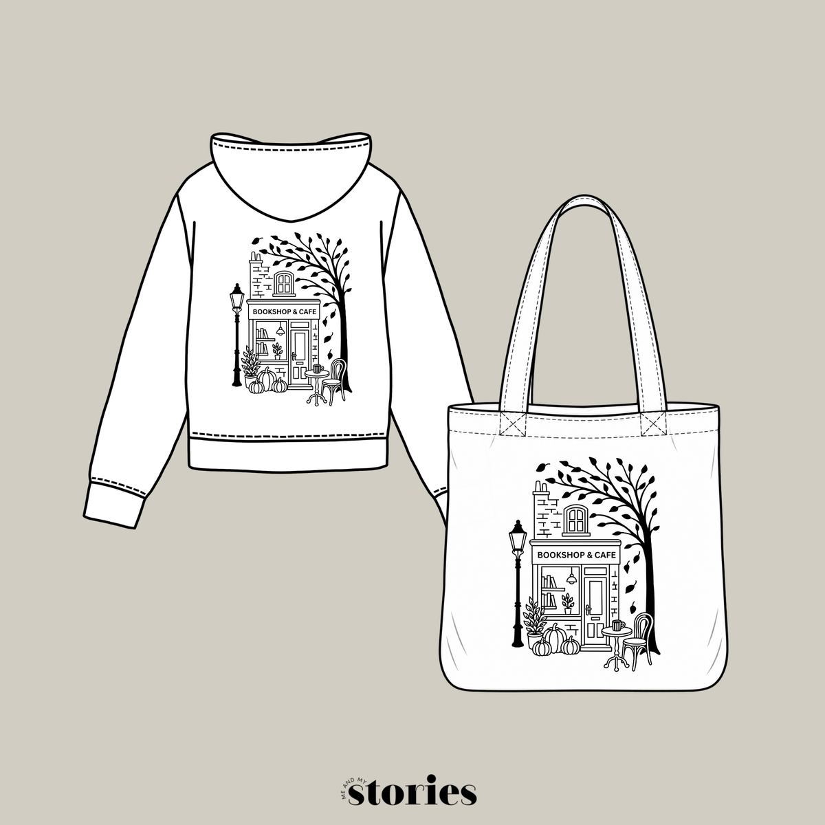 Cozy Bookshop Corner Plotterdatei mit herbstlicher Buchhandlung, Café, Kürbissen und Baum – SVG, DXF und PNG
