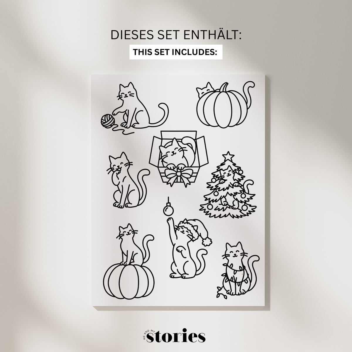 Plotterdatei Katzen Liebe mit 8 handgezeichneten Katzen Line Art Motiven, darunter Katze mit Wollknäuel, Kürbis, Geschenkbox und weihnachtlichen Motiven, als SVG, PNG und DXF.