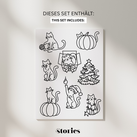 Plotterdatei Katzen Liebe mit 8 handgezeichneten Katzen Line Art Motiven, darunter Katze mit Wollknäuel, Kürbis, Geschenkbox und weihnachtlichen Motiven, als SVG, PNG und DXF.