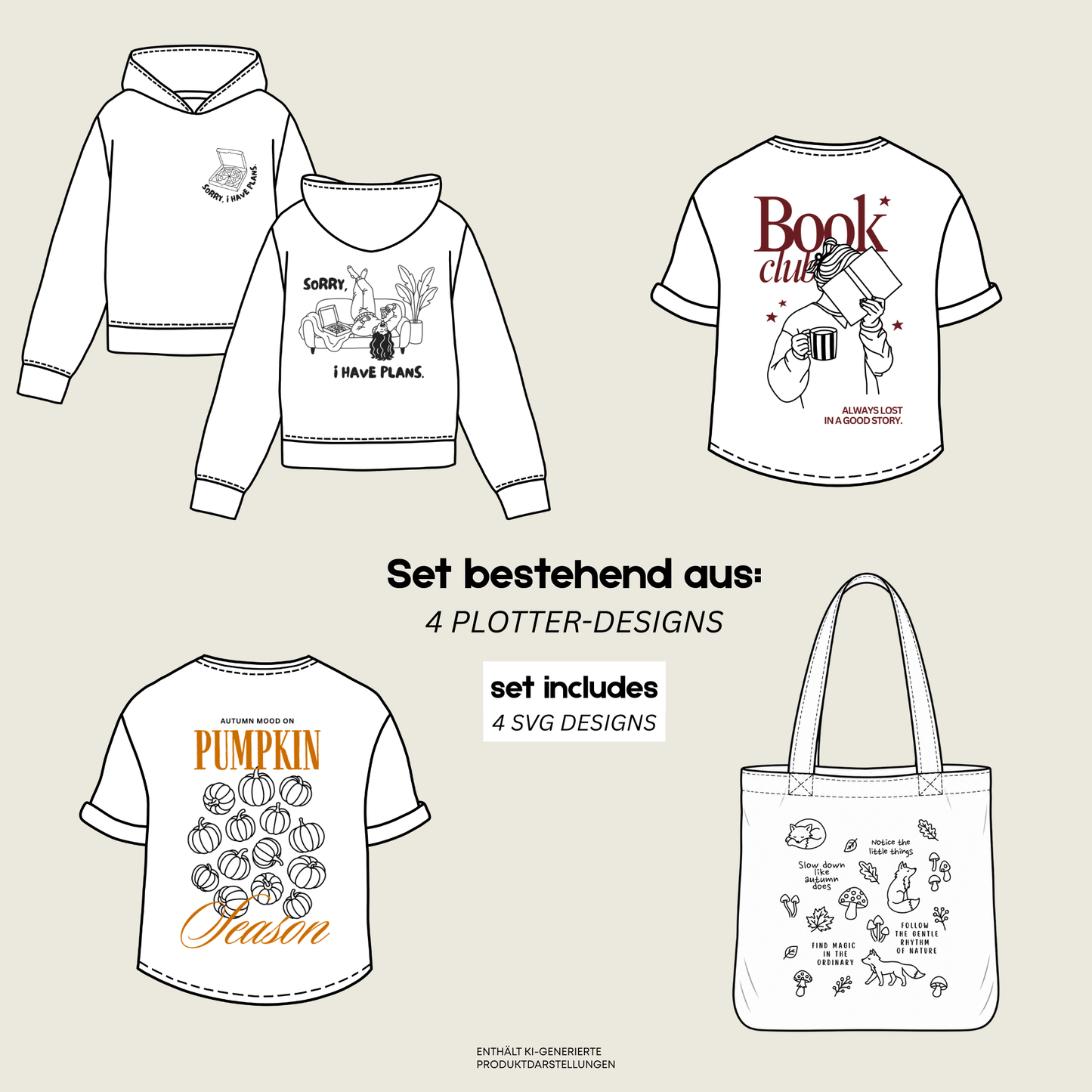Plotterdatei „Cozy Collection“ Bundle mit 4 Designs rund um Book Club, Pizza, Kürbisse, Pilze, Fuchs, Herbst Motive und Cozy Sprüche, SVG DXF PNG