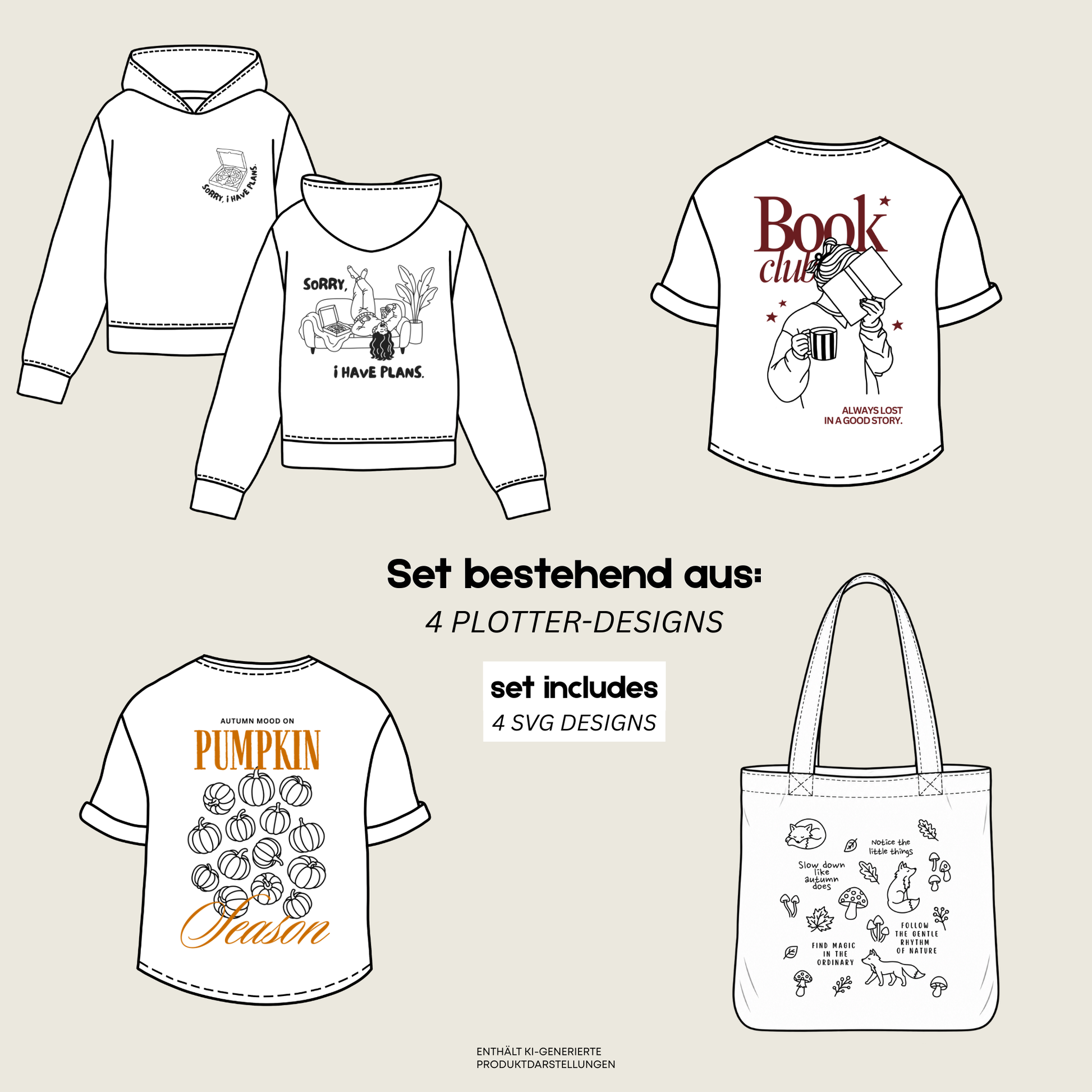 Plotterdatei „Cozy Collection“ Bundle mit 4 Designs rund um Book Club, Pizza, Kürbisse, Pilze, Fuchs, Herbst Motive und Cozy Sprüche, SVG DXF PNG