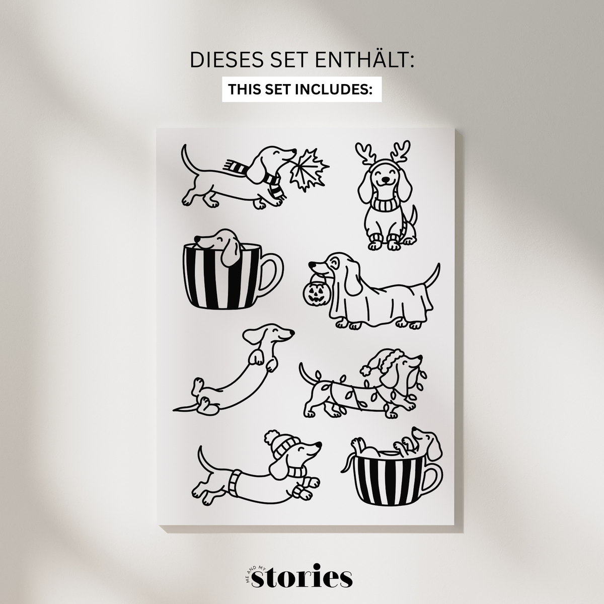 Plotterdatei Cozy Dachshunds mit 8 handgezeichneten Dackel Line Art Motiven für verschiedene Jahreszeiten, mit Kaffee, Herbst- und Weihnachtsmotiven als SVG, PNG und DXF.