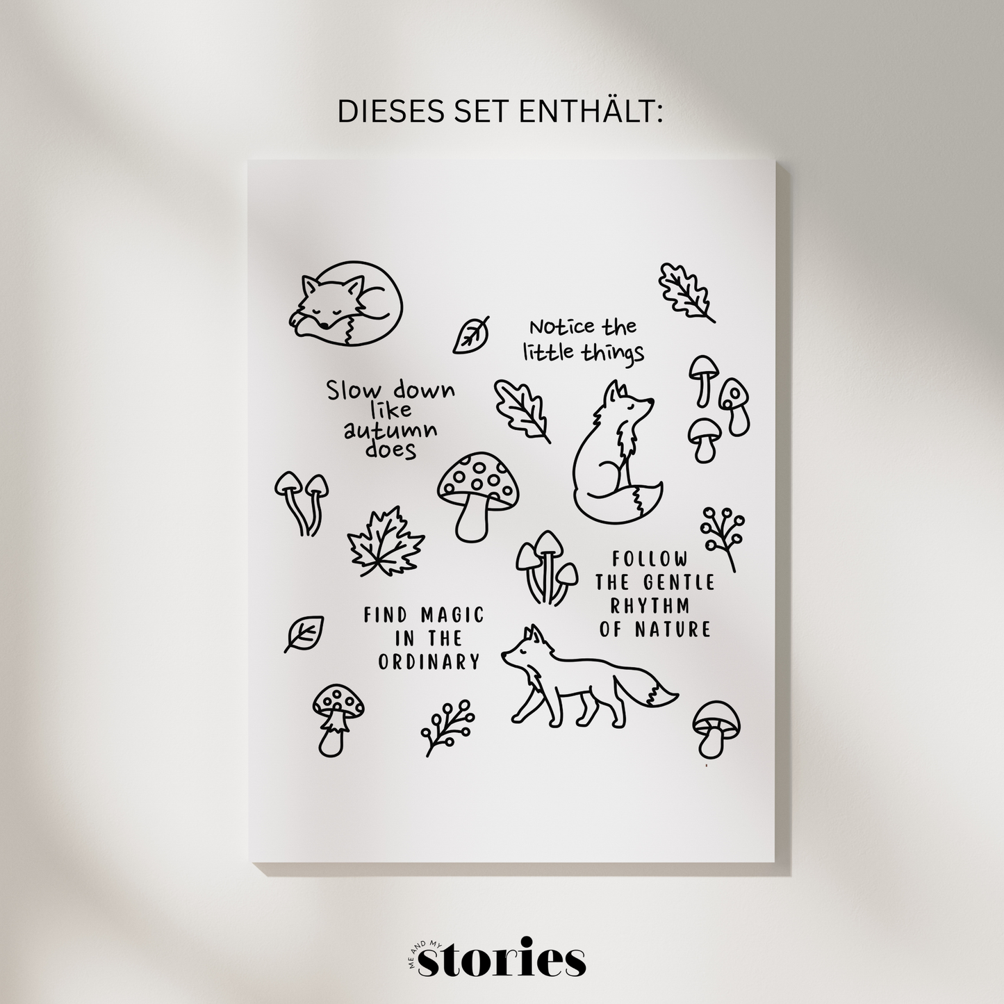 Plotterdatei „Cozy Herbst Motive“ mit Pilzen, Füchsen, Herbstblättern, Beerenzweigen und Sprüchen rund um Natur und Slow Living, SVG DXF PNG