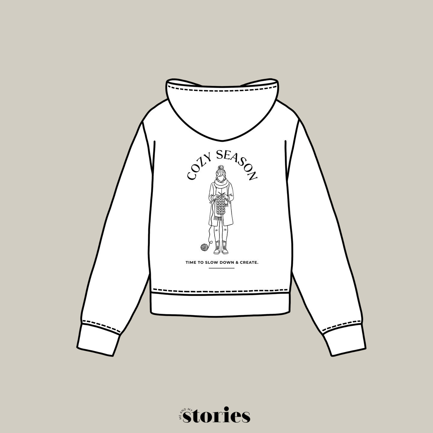 Plotterdatei „Cozy Season“ – Line Art Illustration einer Frau beim Stricken mit Wolle & Stricknadeln. Statement Motiv für DIY Shirts & Hoodies.