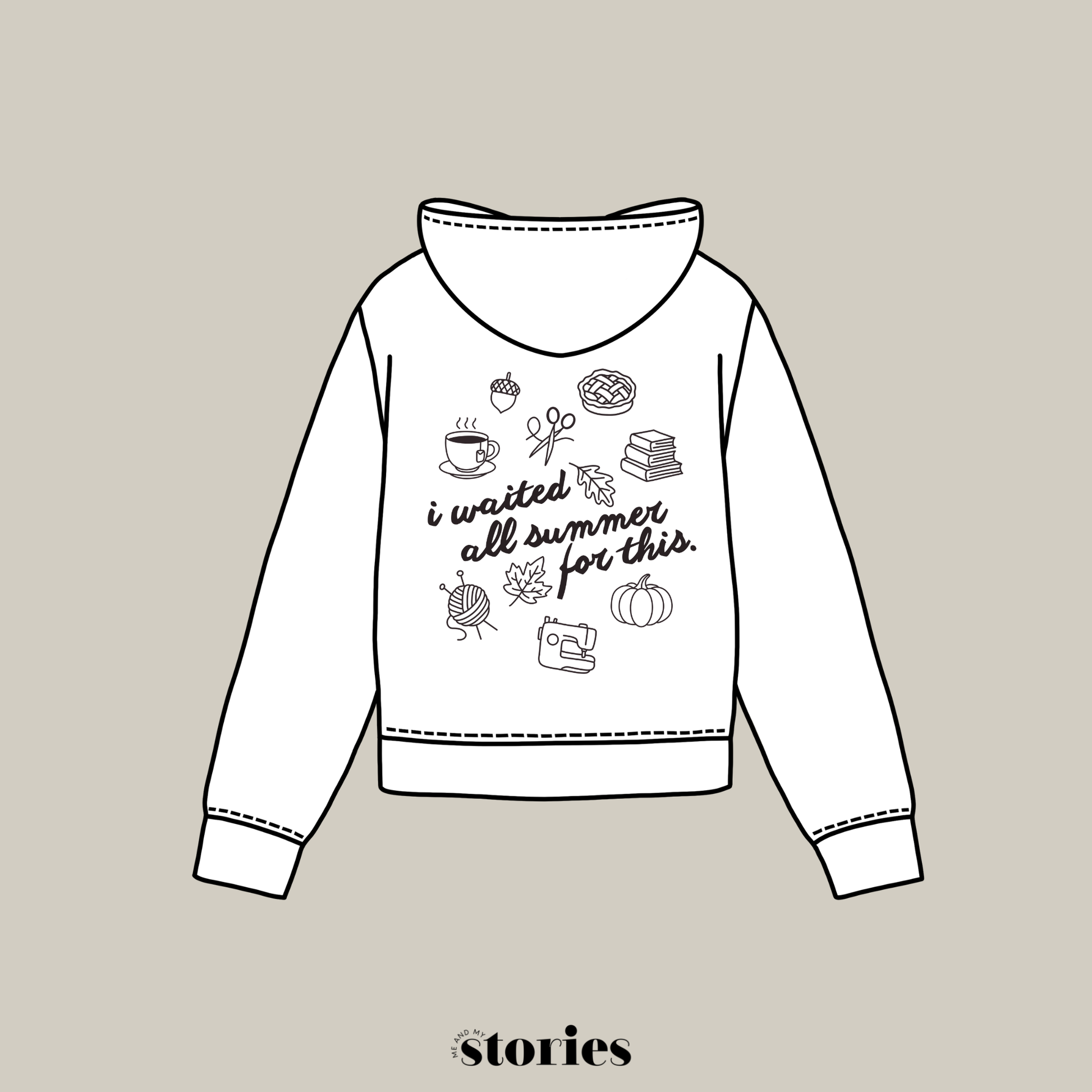 Herbstliche Plotterdatei „I waited all summer for this“ mit Kürbis, Blättern, Strick, Nähmaschine & Kaffee im Line Art Stil – SVG DXF PNG