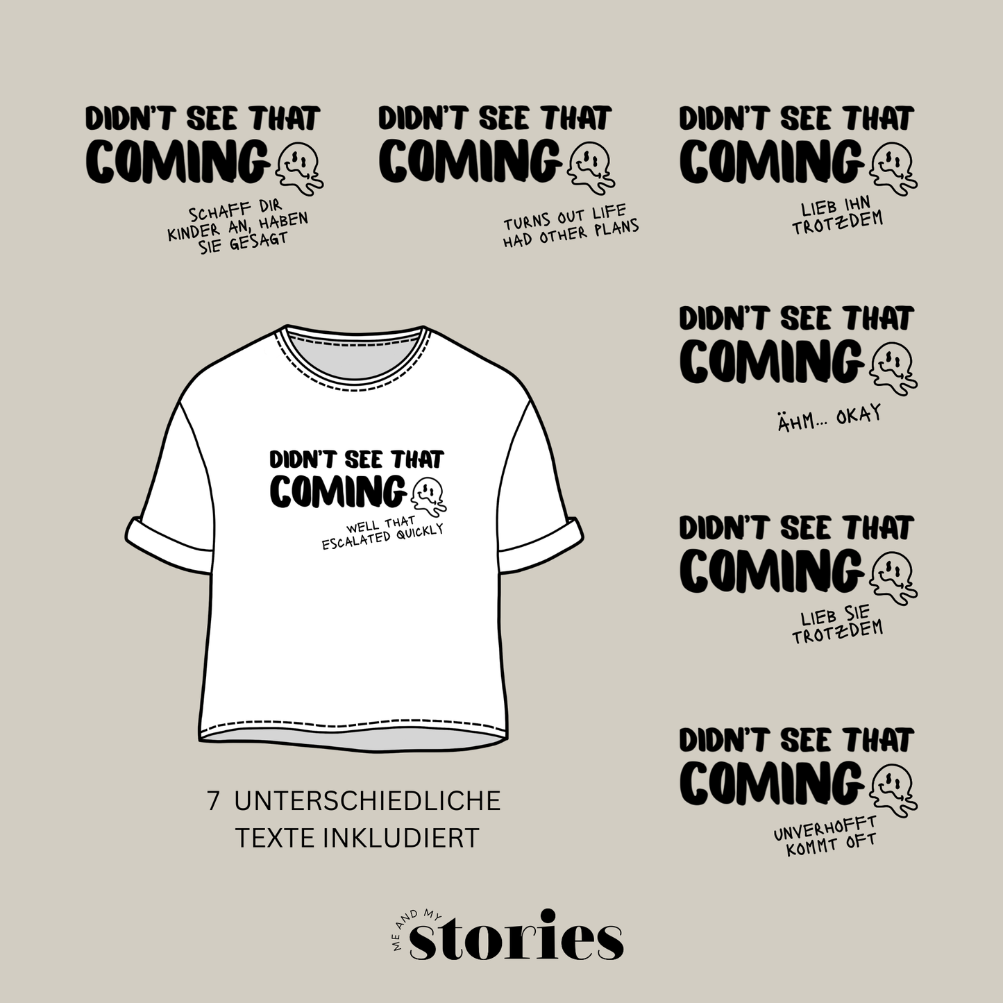 Plotterdatei „Didn’t see that coming“ mit 7 humorvollen Sprüchen für Eltern und Mamas, minimalistisches Statement Design für Shirts, SVG DXF PNG