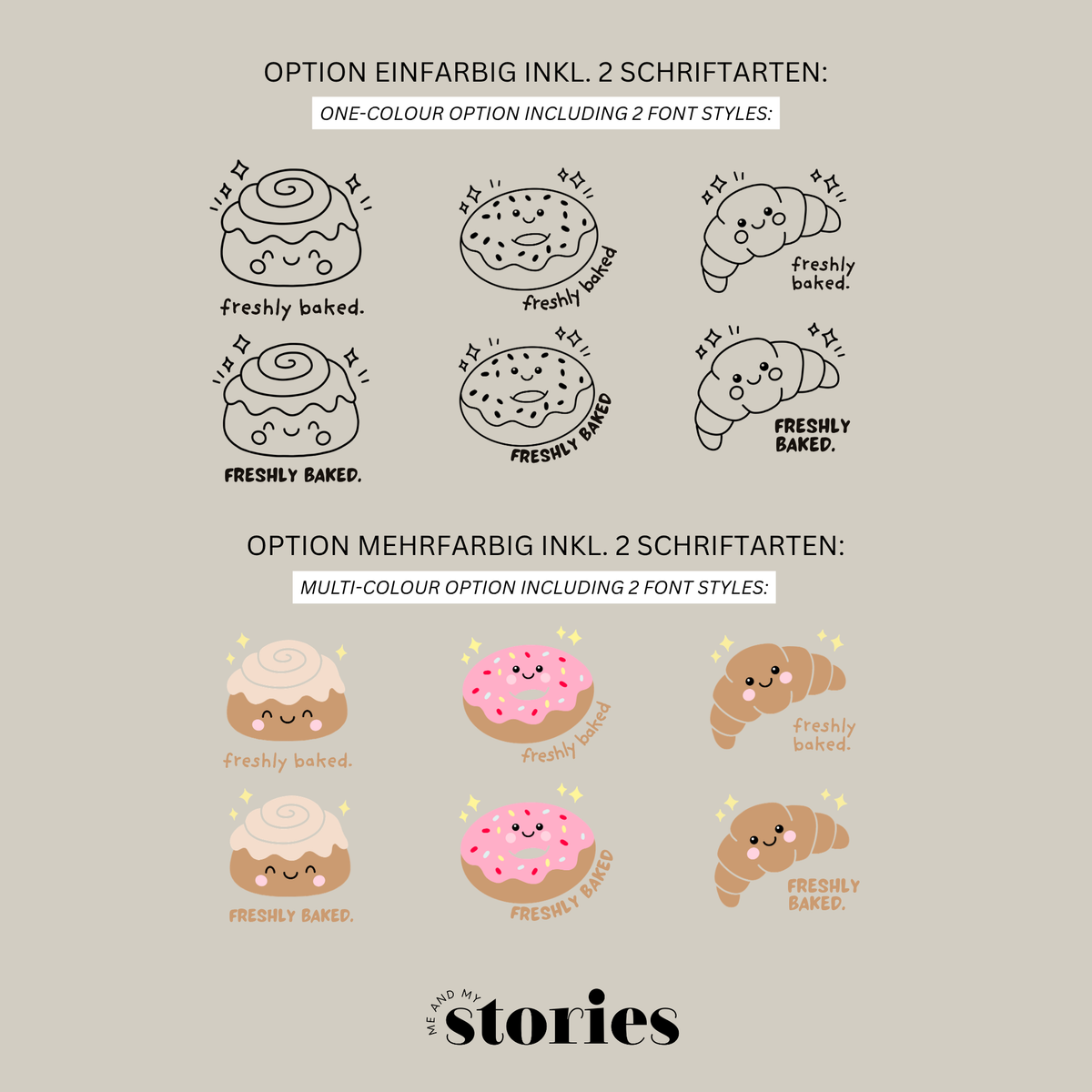 Plotterdatei „Freshly Baked“ mit Croissant, Donut und Zimtschnecke im Kawaii Stil, Baby Design zur Geburt, SVG DXF PNG