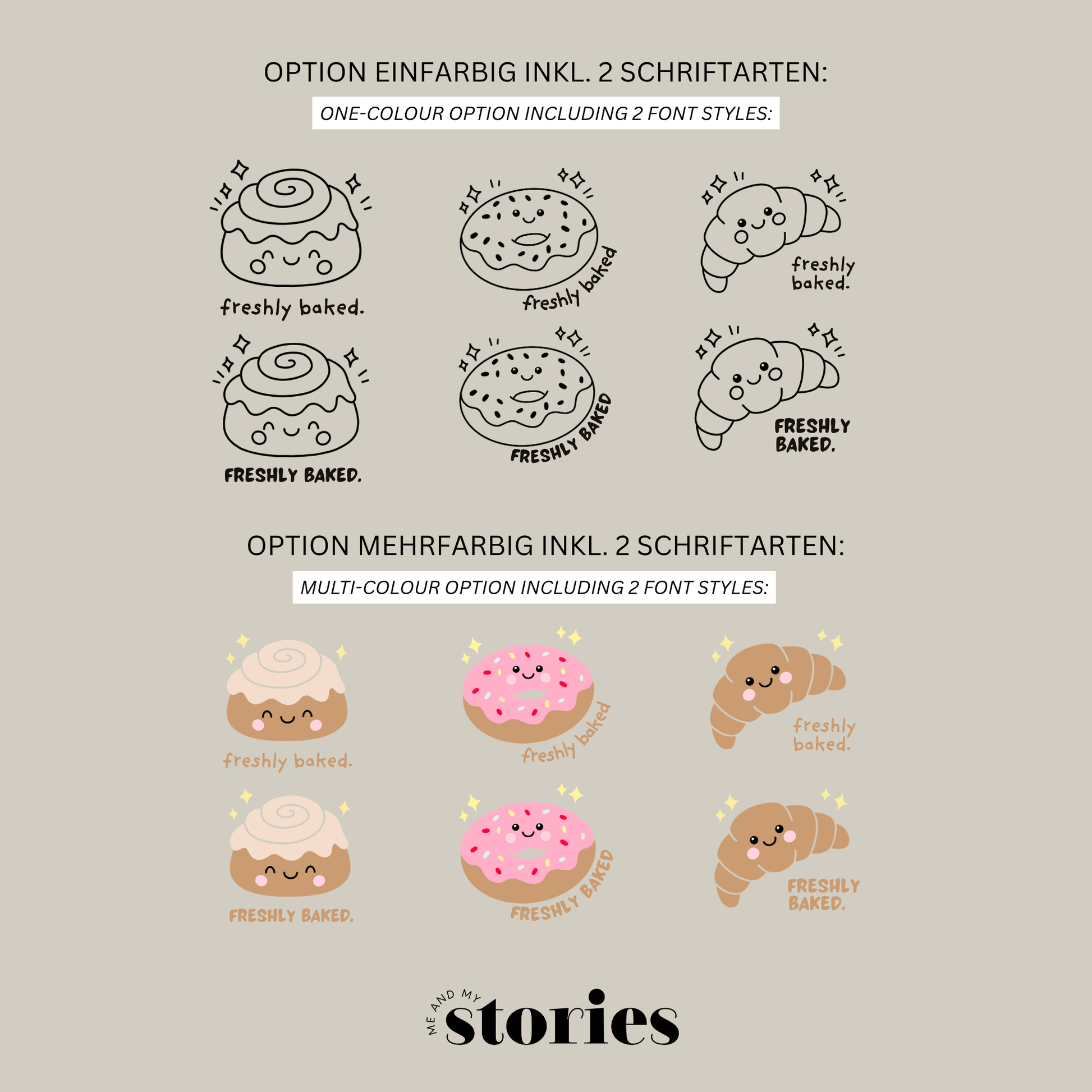 Plotterdatei „Freshly Baked“ mit Croissant, Donut und Zimtschnecke im Kawaii Stil, Baby Design zur Geburt, SVG DXF PNG