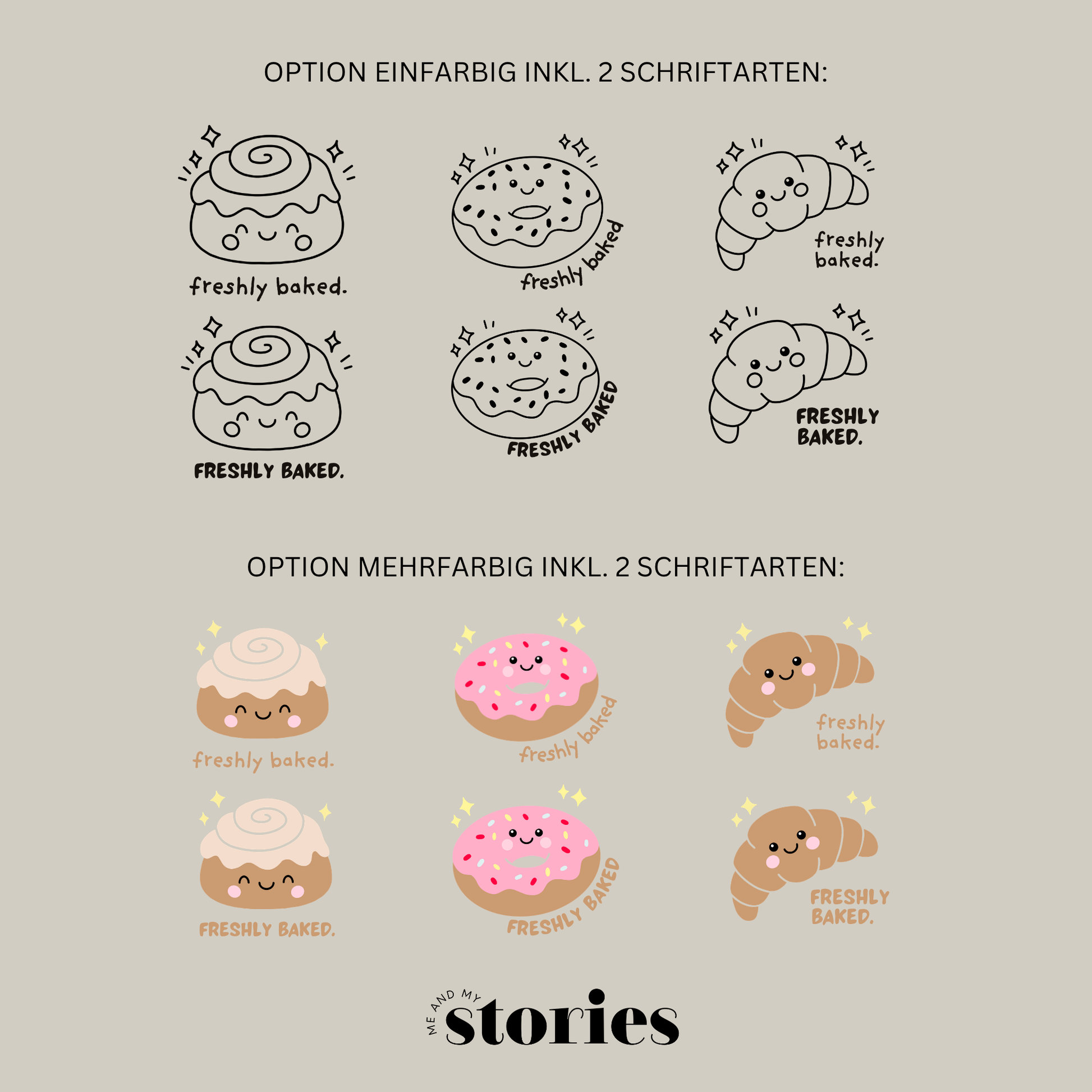 Plotterdatei „Freshly Baked“ mit Croissant, Donut und Zimtschnecke im Kawaii Stil, Baby Design zur Geburt, SVG DXF PNG