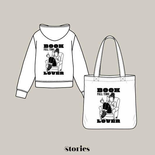 Plotterdatei Book Lover – Frau mit Buch und Tasse in Line Art Illustration, moderner Retro-Schriftzug für Sweater & DIY-Projekte.