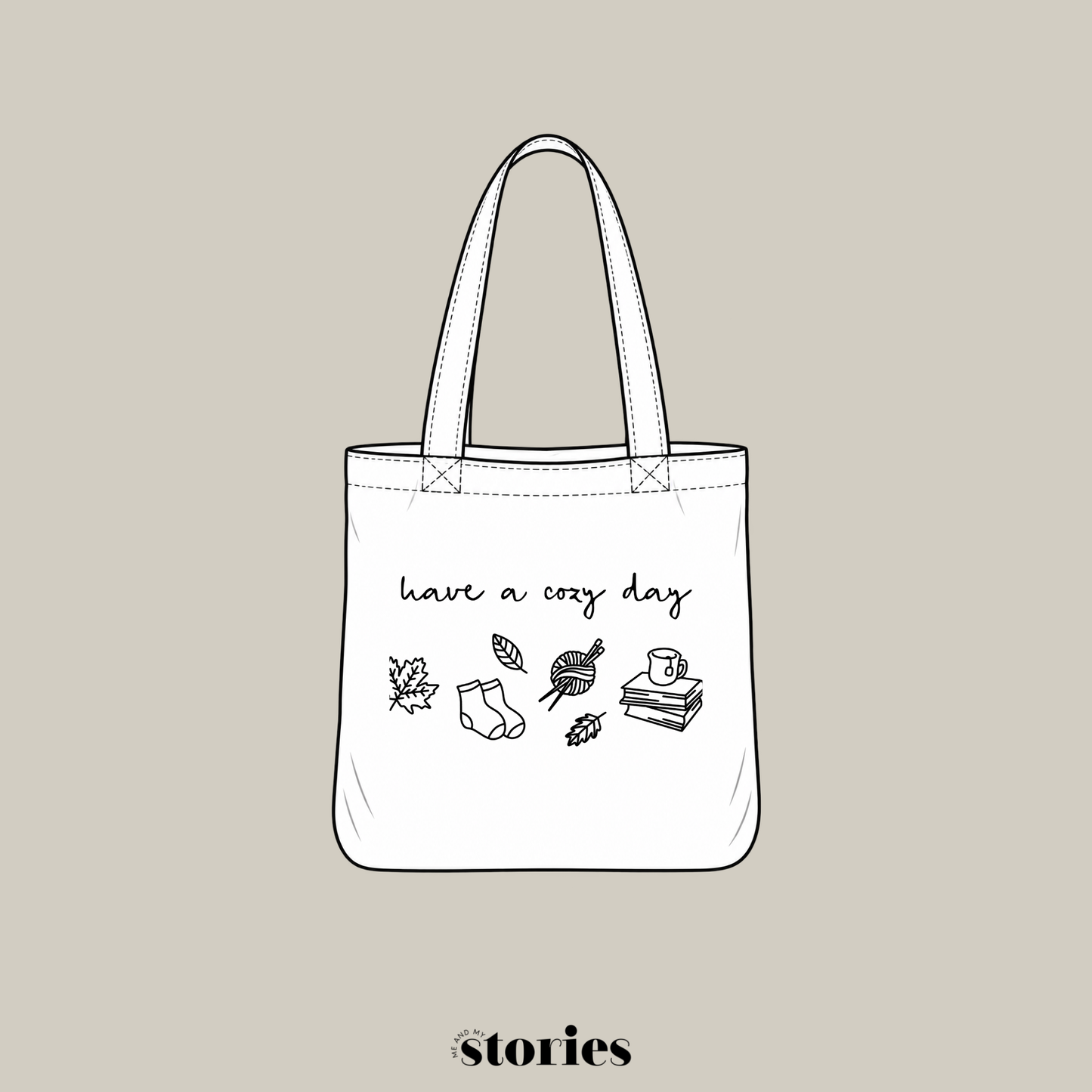 „Have a Cozy Day“ – Herbstliches Design mit geschwungener Schrift und Symbolen wie Blättern, Socken, Büchern und Wolle. Ideal für DIY-Tassen, Kissen und Herbstdeko.