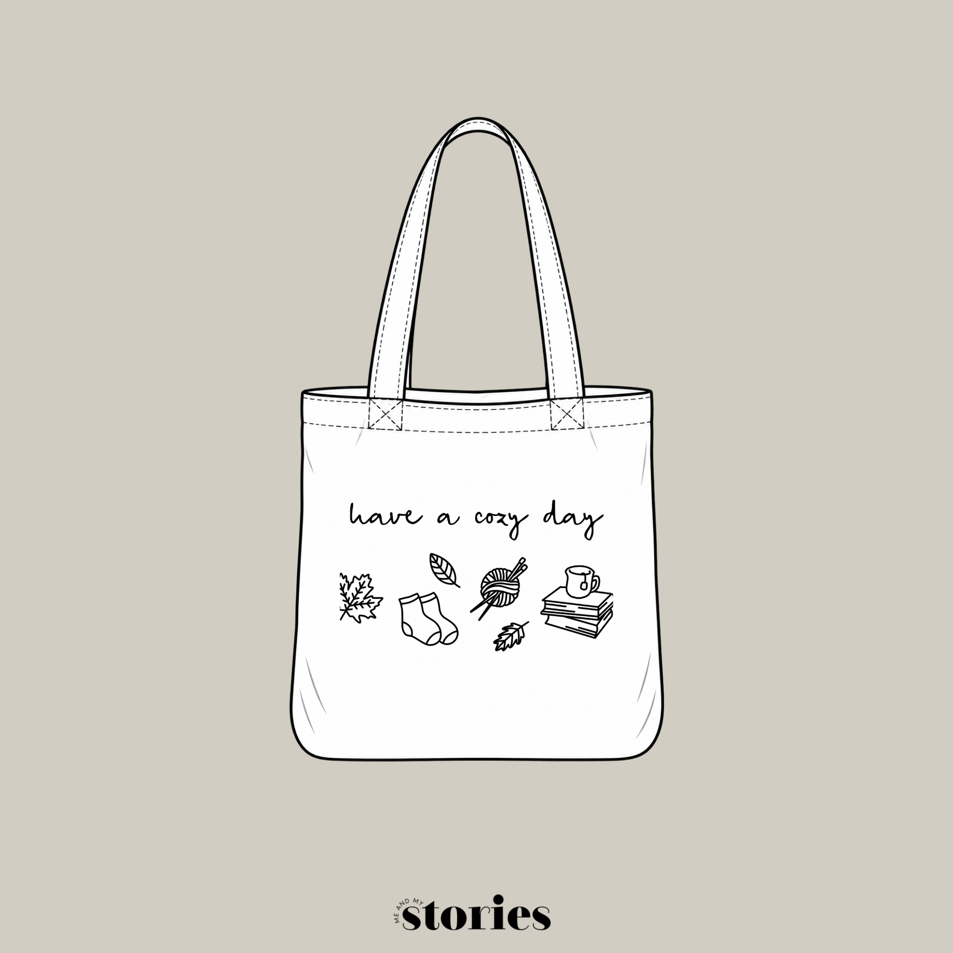 „Have a Cozy Day“ – Herbstliches Design mit geschwungener Schrift und Symbolen wie Blättern, Socken, Büchern und Wolle. Ideal für DIY-Tassen, Kissen und Herbstdeko.