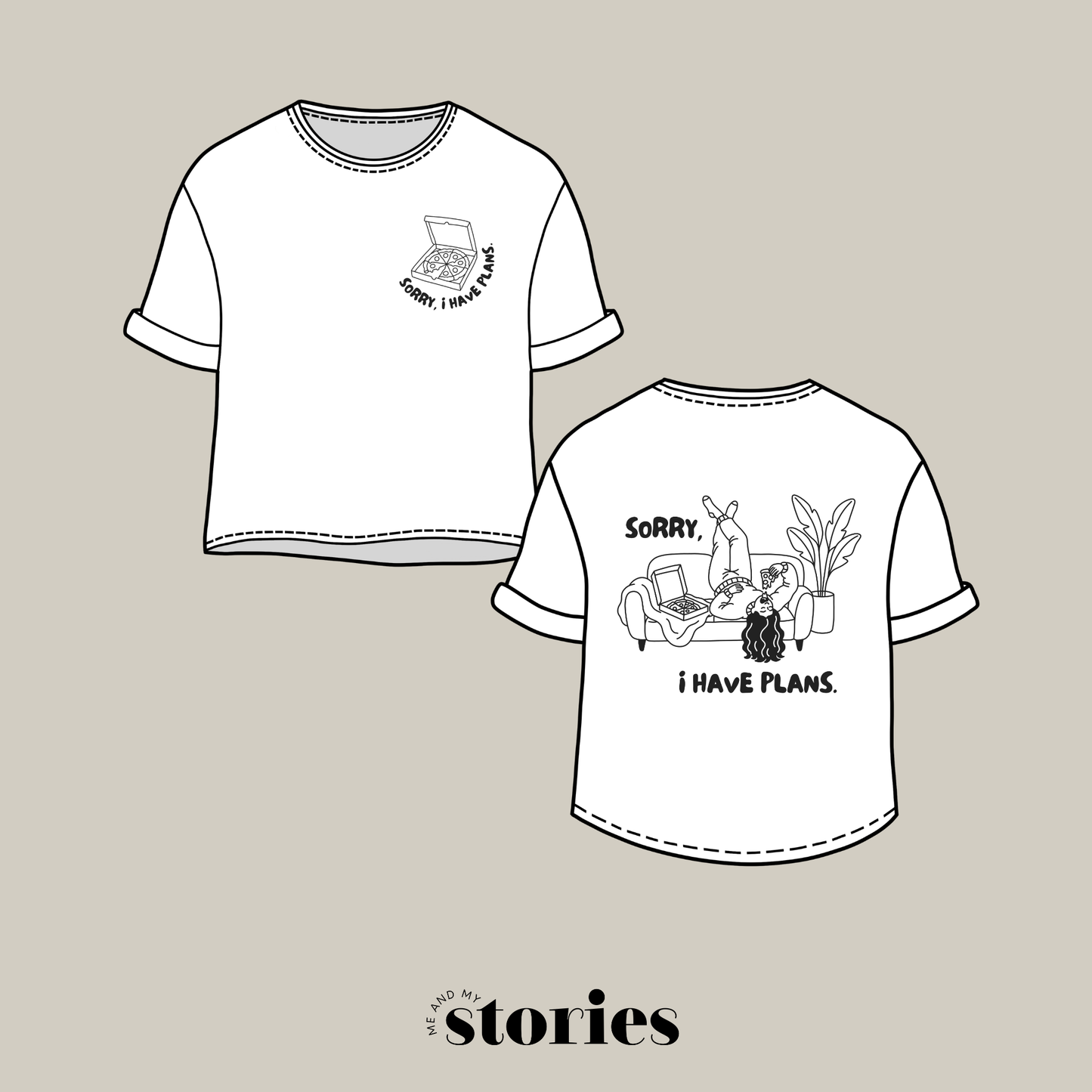 Plotterdatei „Sorry I Have Plans“ mit Frau auf Couch, Pizza und passendem Pizzakarton als Front- & Backprint, Cozy Design, SVG DXF PNG