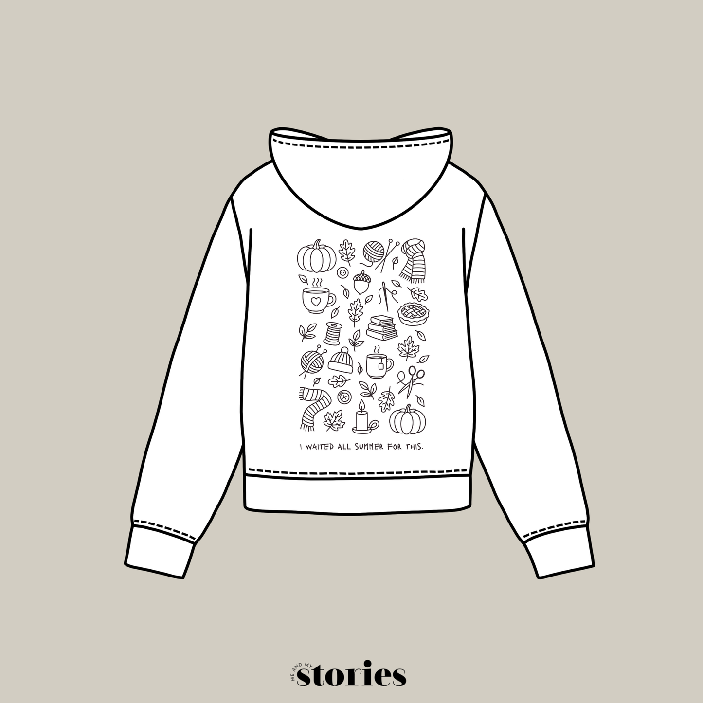 Herbstliche Plotterdatei „I waited all summer for this“ mit Kürbis, Blättern, Kerze, Strick & Kaffee im Line Art Stil – SVG DXF PNG