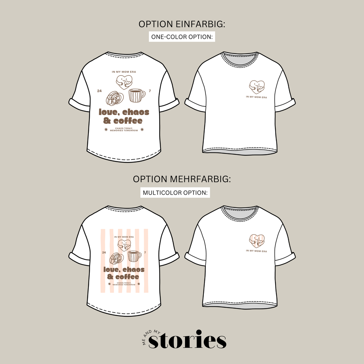 Plotterdatei „Love, Chaos & Coffee“ mit Schriftzug, Herz-Mama-Kind Motiv, Kaffee und abstrakten Elementen, Thema Mom Life, Front- & Backprint, SVG DXF PNG