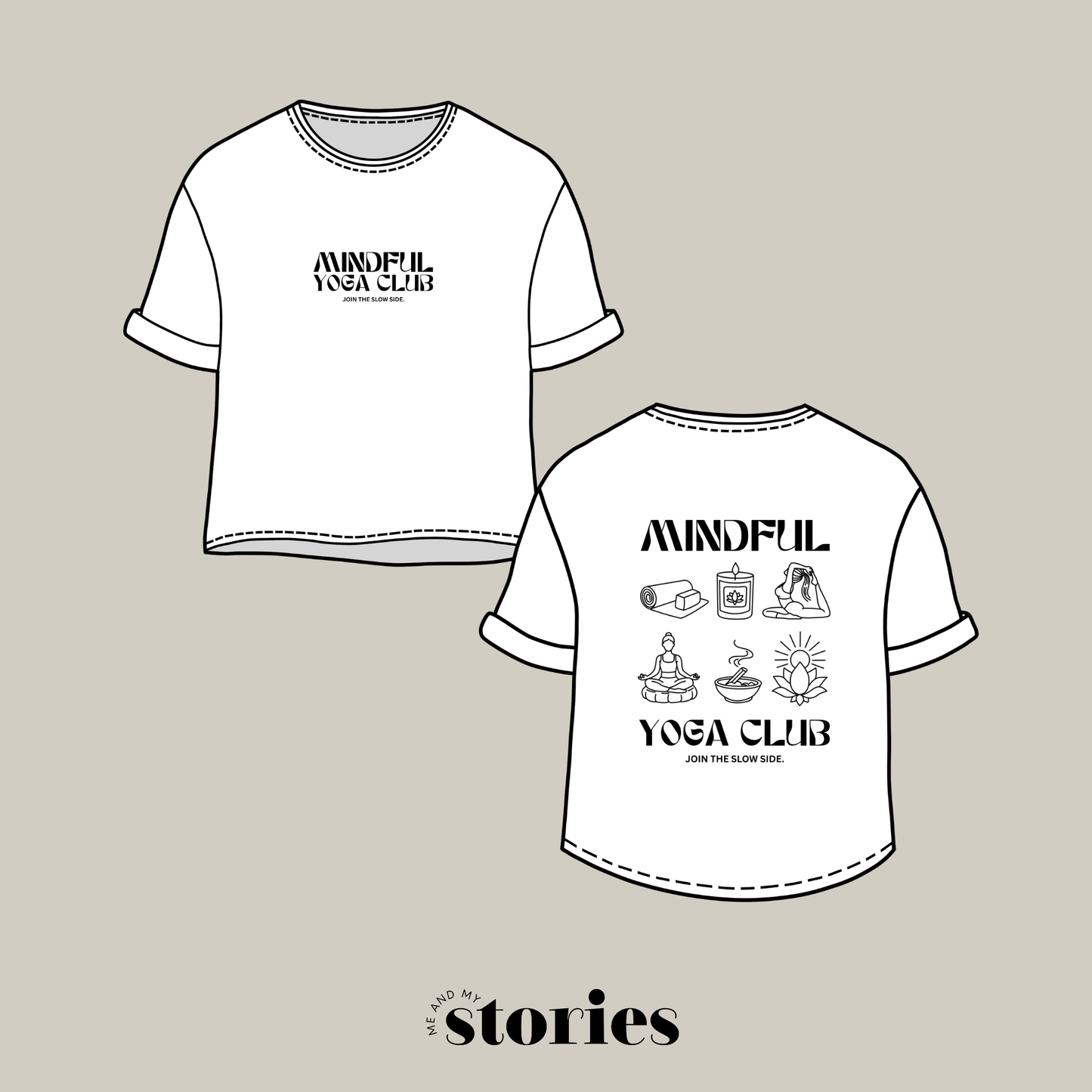 Plotterdatei „Mindful Yoga Club“ mit Front- und Backprint, minimalistische Illustrationen rund um Yoga, Meditation, Achtsamkeit, Kerze, Lotus, Yogamatte und Selfcare-Motive, SVG DXF PNG.