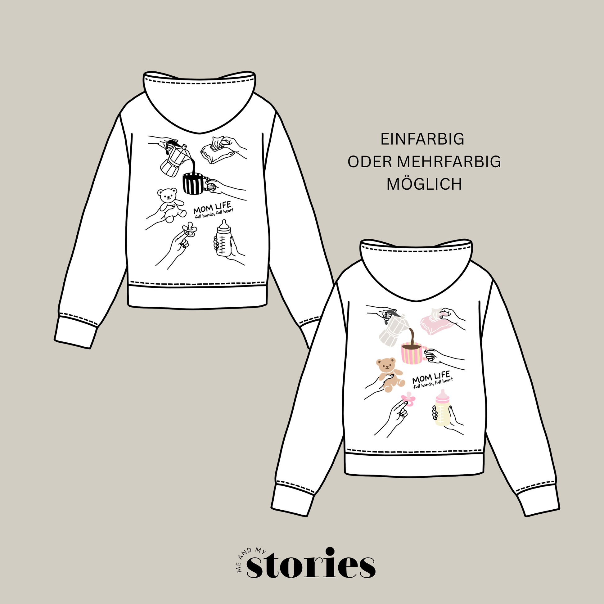 Plotterdatei „Mom Life“ mit Baby Illustrationen wie Fläschchen, Schnuller, Teddybär, Feuchttücher und Kaffeetasse, einfarbig und mehrfarbig plottbar, SVG DXF PNG