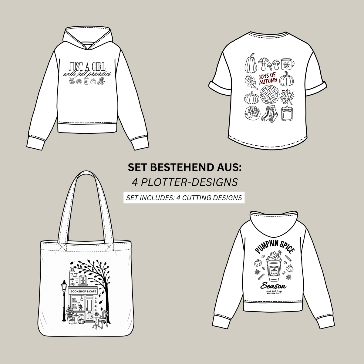 October Collection Plotterdatei Herbst Bundle mit vier cozy Designs zu Pumpkin Spice, Buchhandlung, Herbst und Fall Priorities