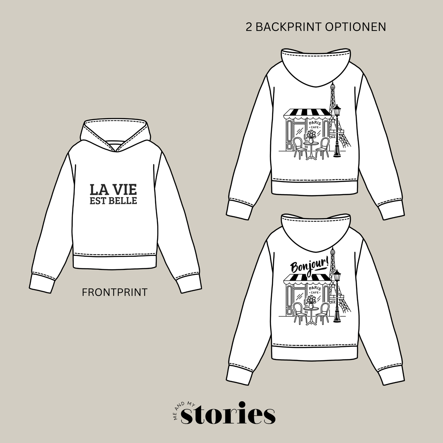 Plotterdatei „Paris Vibes“ mit Café Illustration, Eiffelturm und Schriftzug „La vie est belle“, Front- & Backprint, SVG DXF PNG