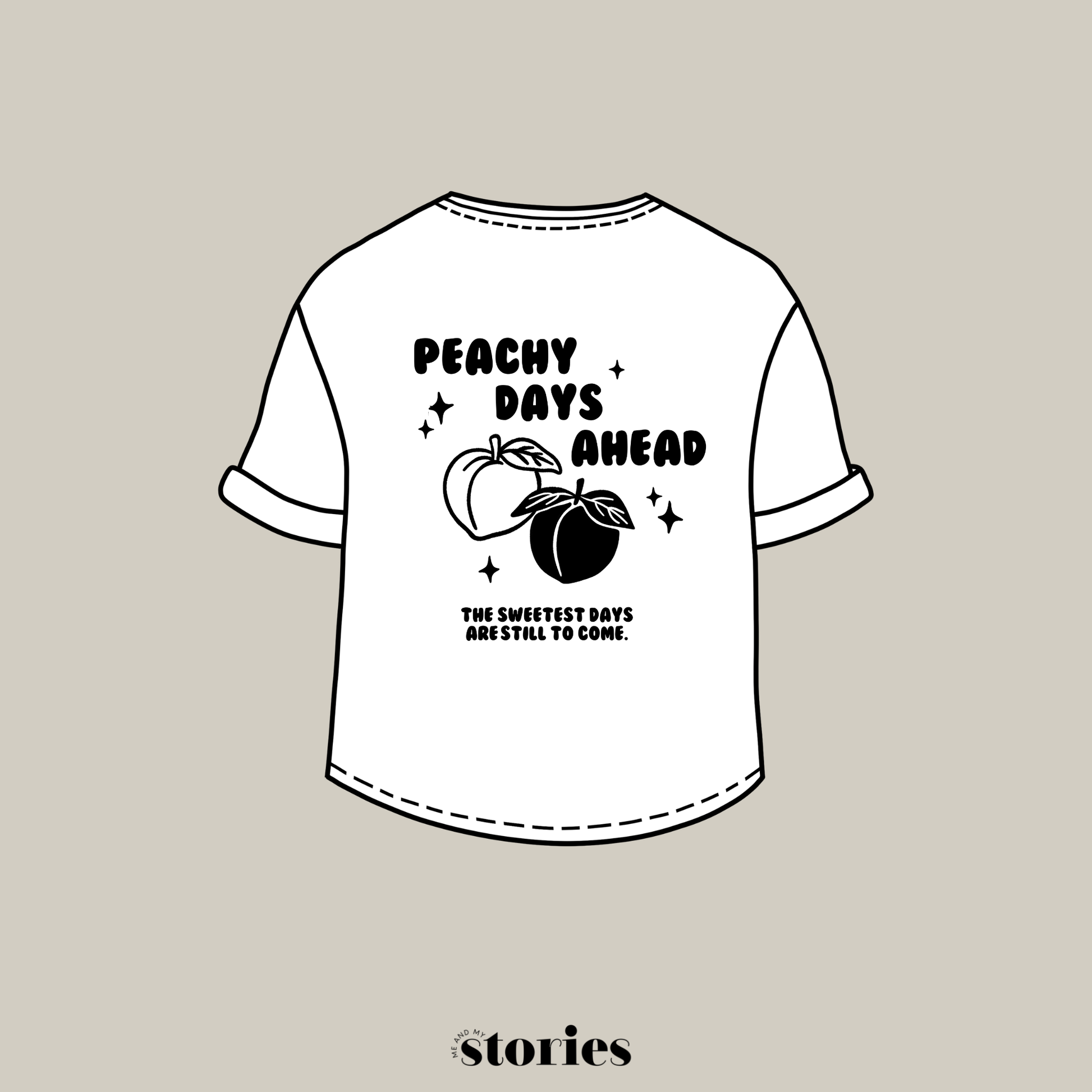 Plotterdatei „Peachy Days“ mit Pfirsichen, Retro-Schriftzug, Sternen und sommerlichem Statement als Backprint, SVG DXF PNG