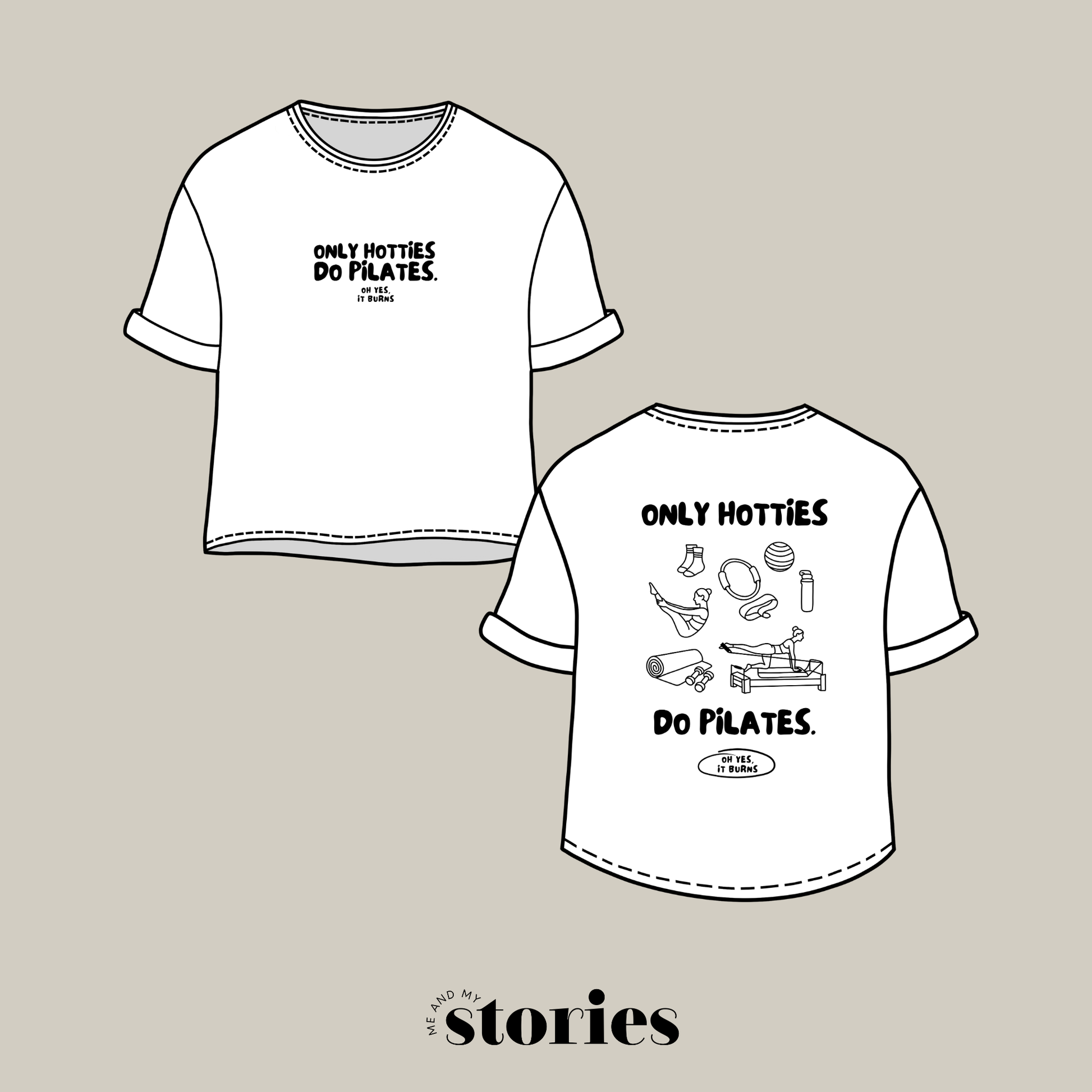 Plotterdatei „Only Hotties Do Pilates“ mit Front- und Backprint, minimalistische Line Art Illustrationen zu Pilates, Reformer, Matte, Grip Socks und Studio Zubehör, SVG DXF PNG