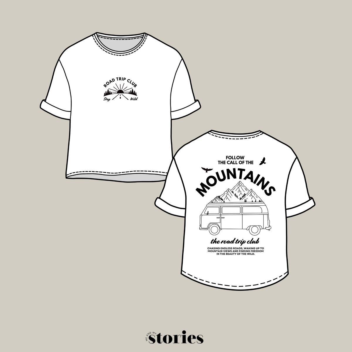 Road Trip Club Plotterdatei SVG mit Front und Backprint, Van und Bergen im Outdoor Adventure Design auf dunkelgrünem Sweater