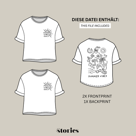 Digitale Plotterdatei „Summer Vibes“ – Ein Design mit fröhlichen Symbolen wie Palme, Flip-Flops und Wassermelone, kombiniert mit den Schriftzügen „Pool Vibes Only“ und „Good Vibes Only“. Ideal für Familien- und Partner-Outfits.