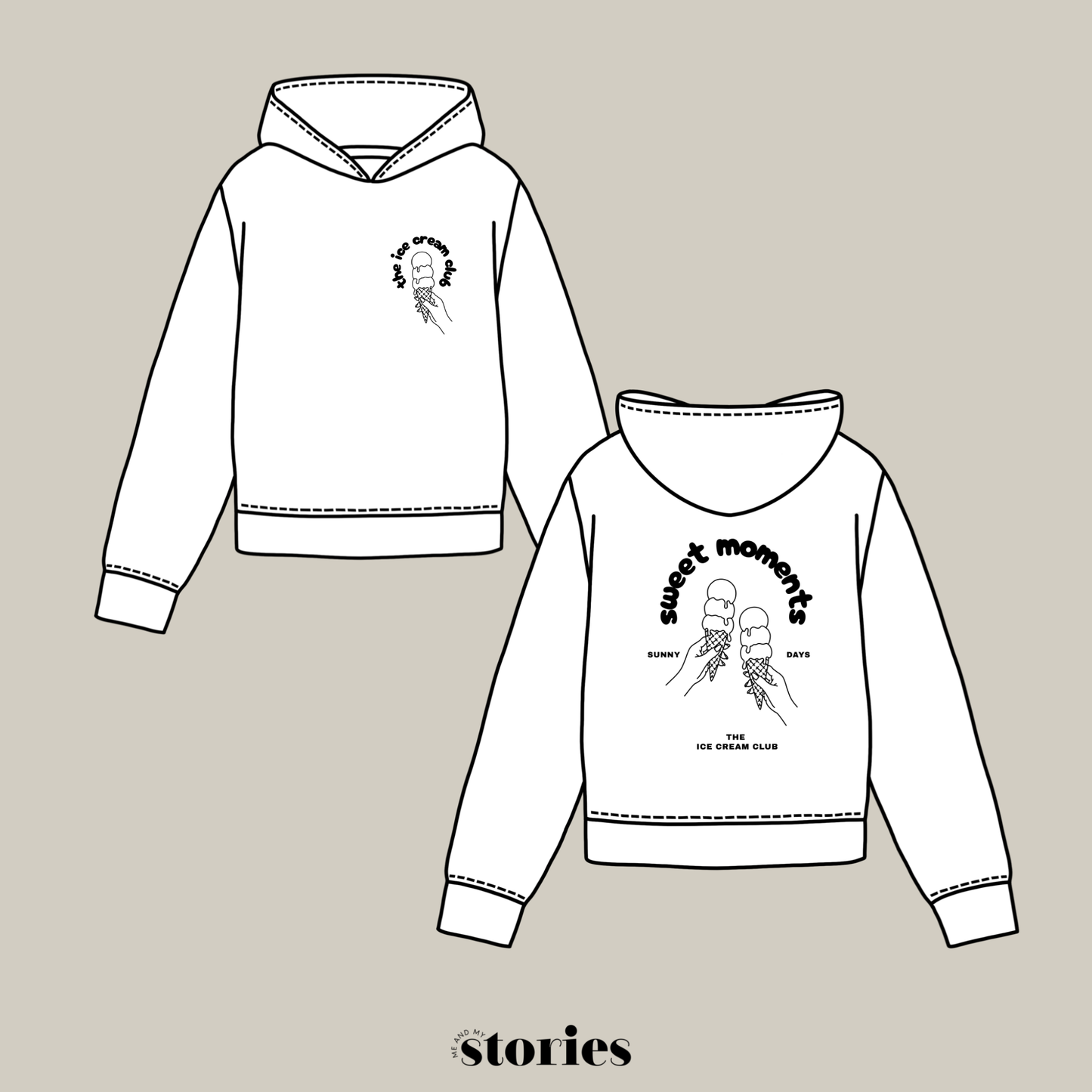 Plotterdatei „Sweet Moments“ mit zwei Eiswaffeln im Line-Art-Stil sowie Front- & Backprint für sommerliche Shirts, SVG DXF PNG