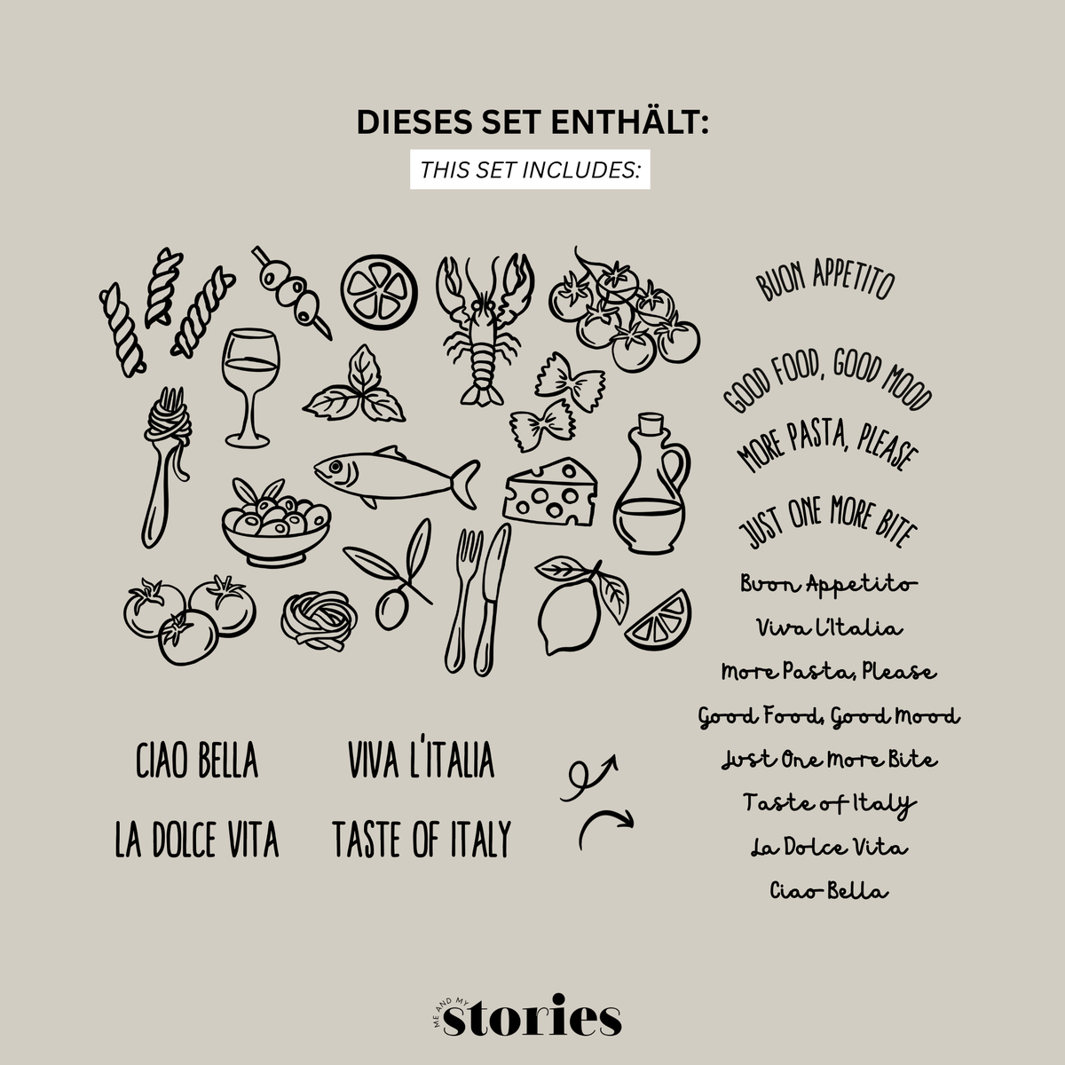 Plotterdatei „Taste of Italy“ mit italienischen Symbolen wie Pasta, Wein, Zitrone, Tomaten, Fisch, Garnelen und Dolce Vita Sprüchen, SVG DXF PNG