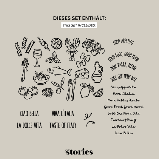 Plotterdatei „Taste of Italy“ mit italienischen Symbolen wie Pasta, Wein, Zitrone, Tomaten, Fisch, Garnelen und Dolce Vita Sprüchen, SVG DXF PNG