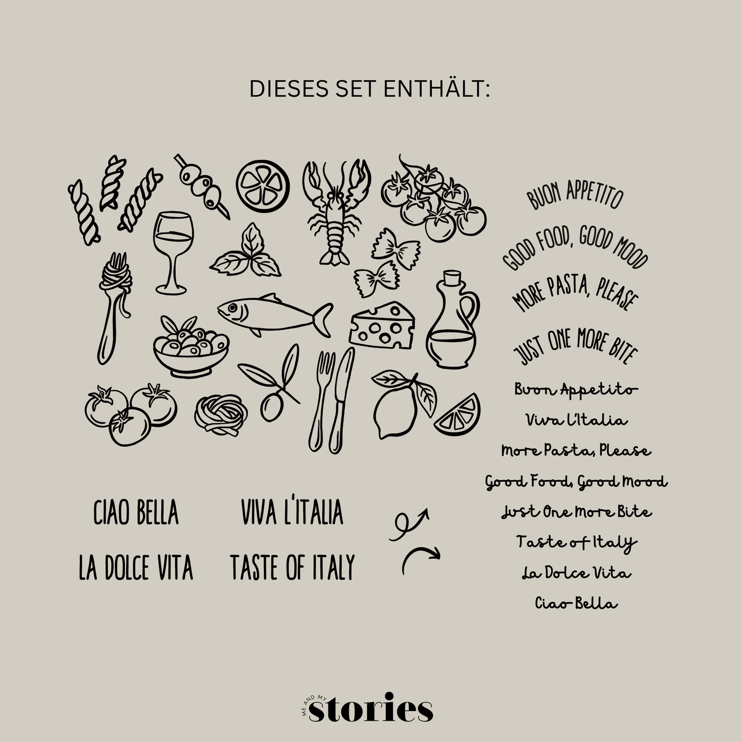 Plotterdatei „Taste of Italy“ mit italienischen Symbolen wie Pasta, Wein, Zitrone, Tomaten, Fisch, Garnelen und Dolce Vita Sprüchen, SVG DXF PNG